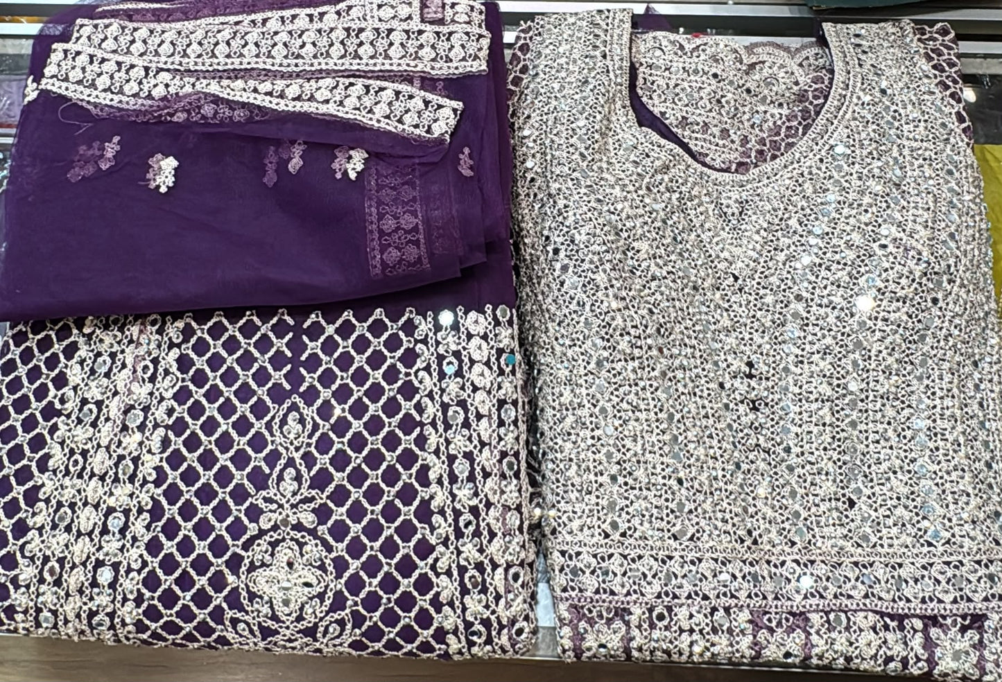 Beautiful Dark Purple Color Net With Embroidery And Mirror Work Lehenga For Women