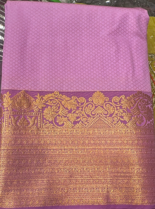 Alluring Lavender Colored Soft Silk Saree With Golden Zari Border For Women