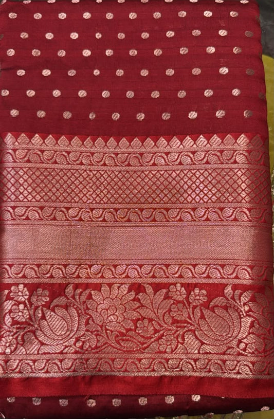 Wonderful Dark Red Color Banarasi Silk Saree With Rich Zari Weaving For Women