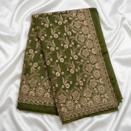 Gorgeous Olive Green Color Organza Fabric Saree With Embroidery And Sequins Work For Women