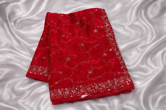 Attractive Red Color Space Silk Fabric Saree With Sequins Work Saree For Women