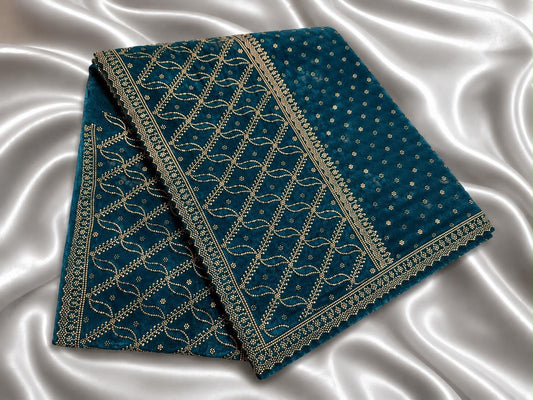 Glorious Teal Blue Color Space Silk With Stones Work Saree For Women