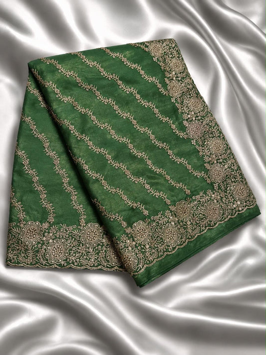 Stunning Shimmer Net Green Color Saree With Gold Embroidery Work For Women