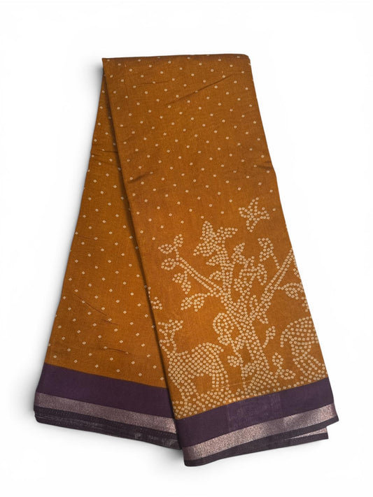 Attractive Mustard Yellow Silk Saree With Purple Border And Bandhani Print Work For Women