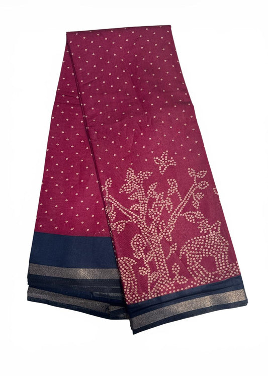 Stunning Maroon Color And Dark Blue Border Silk Saree With Bandhani Print Work For Women