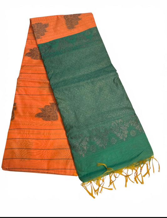 Charming Peach With Green Border Zari Work Cico Cotton Saree For Women