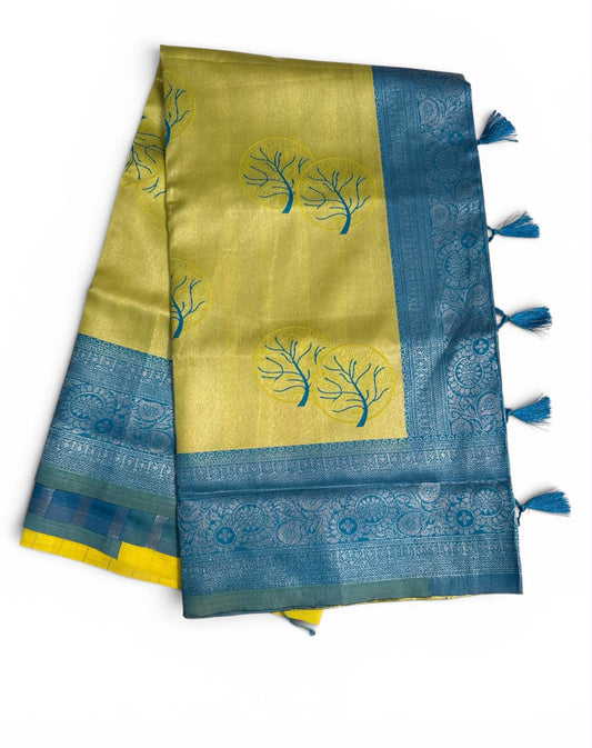 Awesome Green Color Silk Saree WIth Sky Blue Color Border With Zari Work For Women