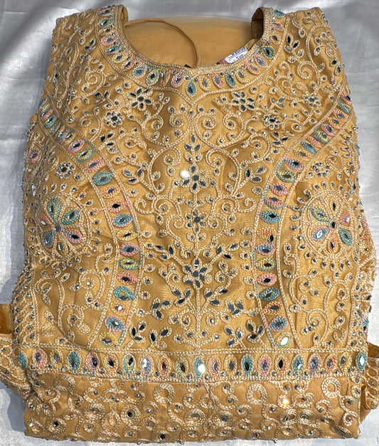Amazing Dark Cream Color Silk Fabric With Embroidery And Mirror Work Anarkali Gown For Women