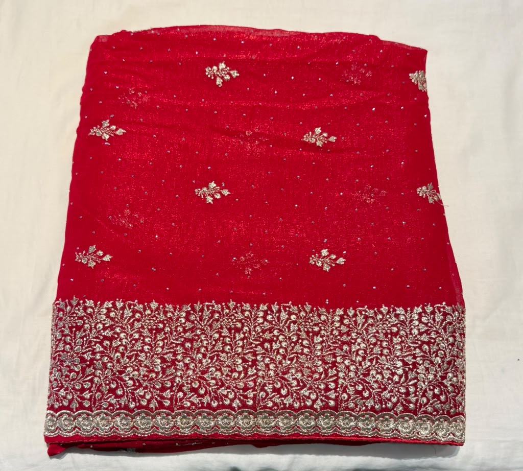 Glorious Red Color Tissue Silk Fancy Saree With Embroidery Work For Women