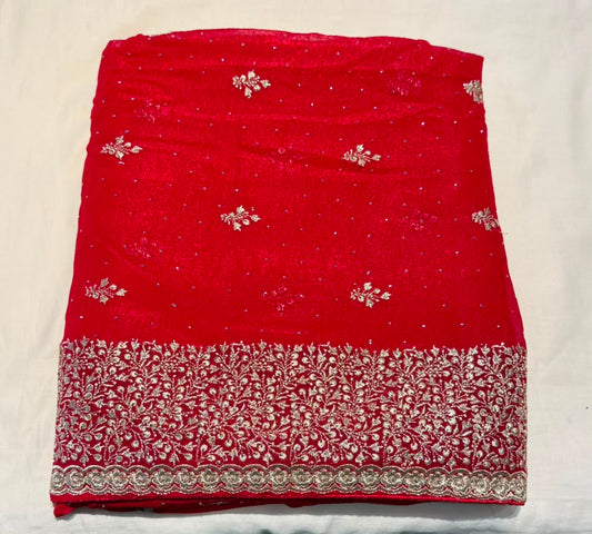 Glorious Red Color Tissue Silk Fancy Saree With Embroidery Work For Women