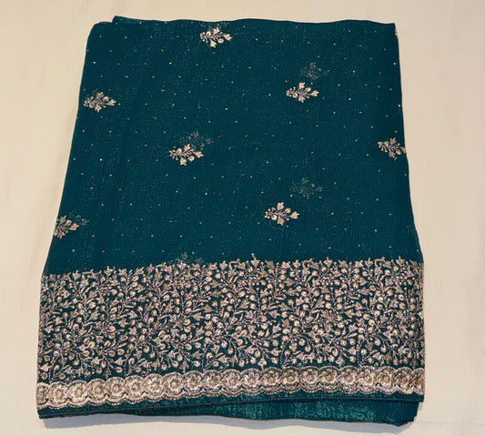 Attractive Teal Green Color Tissue Silk Fancy Saree With Embroidery Work For Women