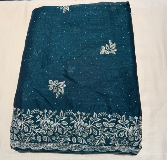 Fantastic Teal Blue Color Tissue Silk Fancy Saree With Embroidery Work For Women