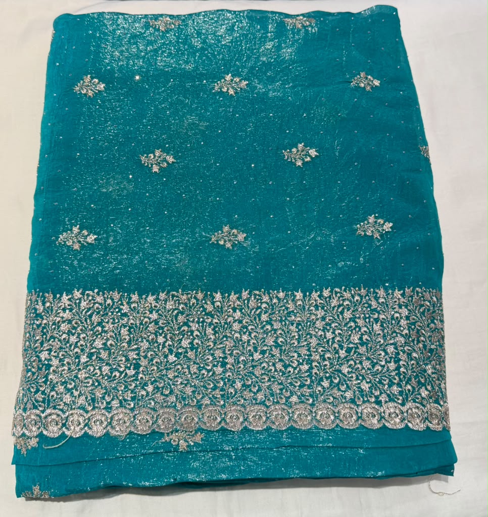Marvellous Teal Green Color Tissue Silk Fancy Saree With Zari Work For Women