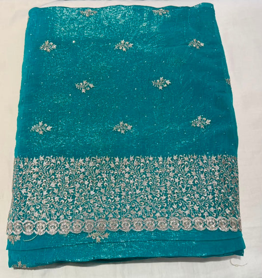 Marvellous Teal Green Color Tissue Silk Fancy Saree With Zari Work For Women