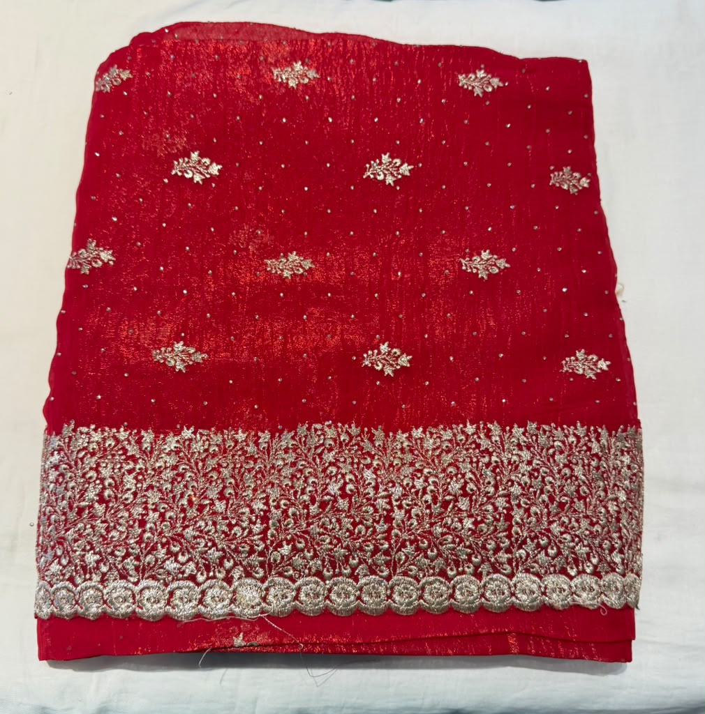 Amazing Bright Red Color Tissue Silk Fancy Saree With Zari Work For Women