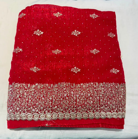 Amazing Bright Red Color Tissue Silk Fancy Saree With Zari Work For Women