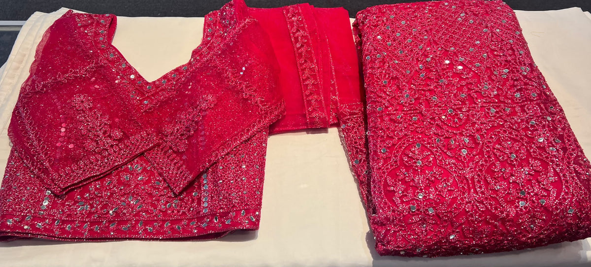 Wonderful Red Color Net With Embroidery, Mirror And Silver Zari Work Lehenga Choli With Dupatta For Women