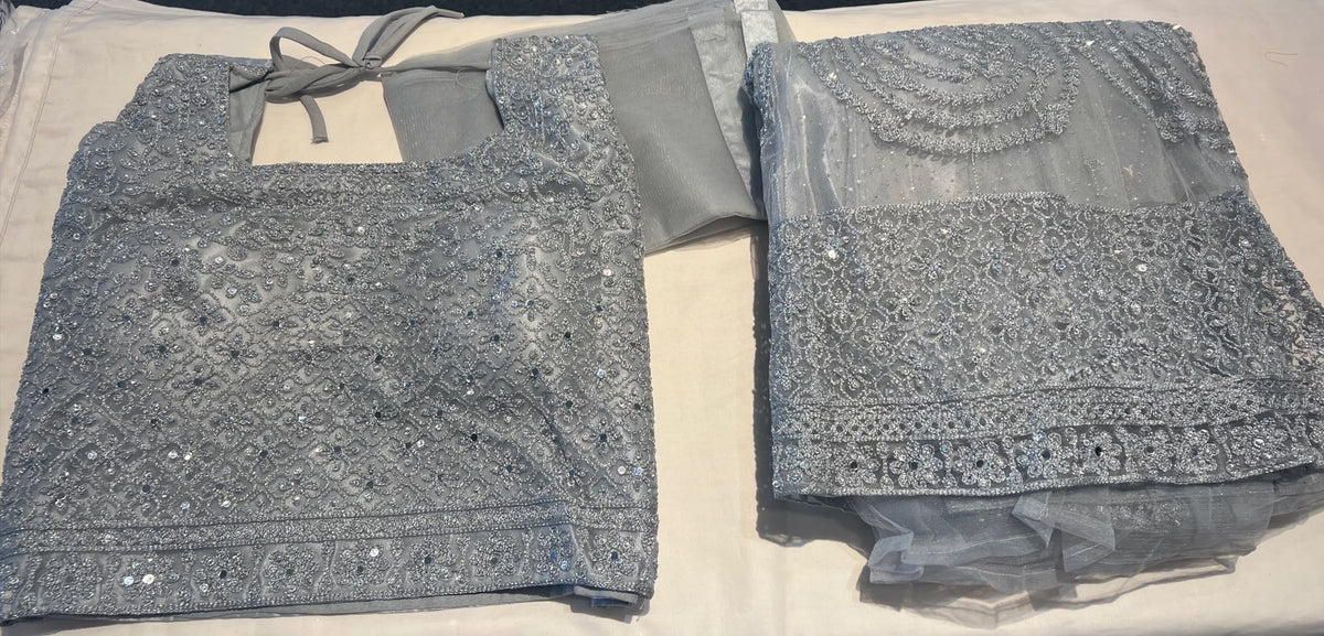 Alluring Gray Color Net With Embroidery And Sequins Work Lehenga Choli With Dupatta For Women