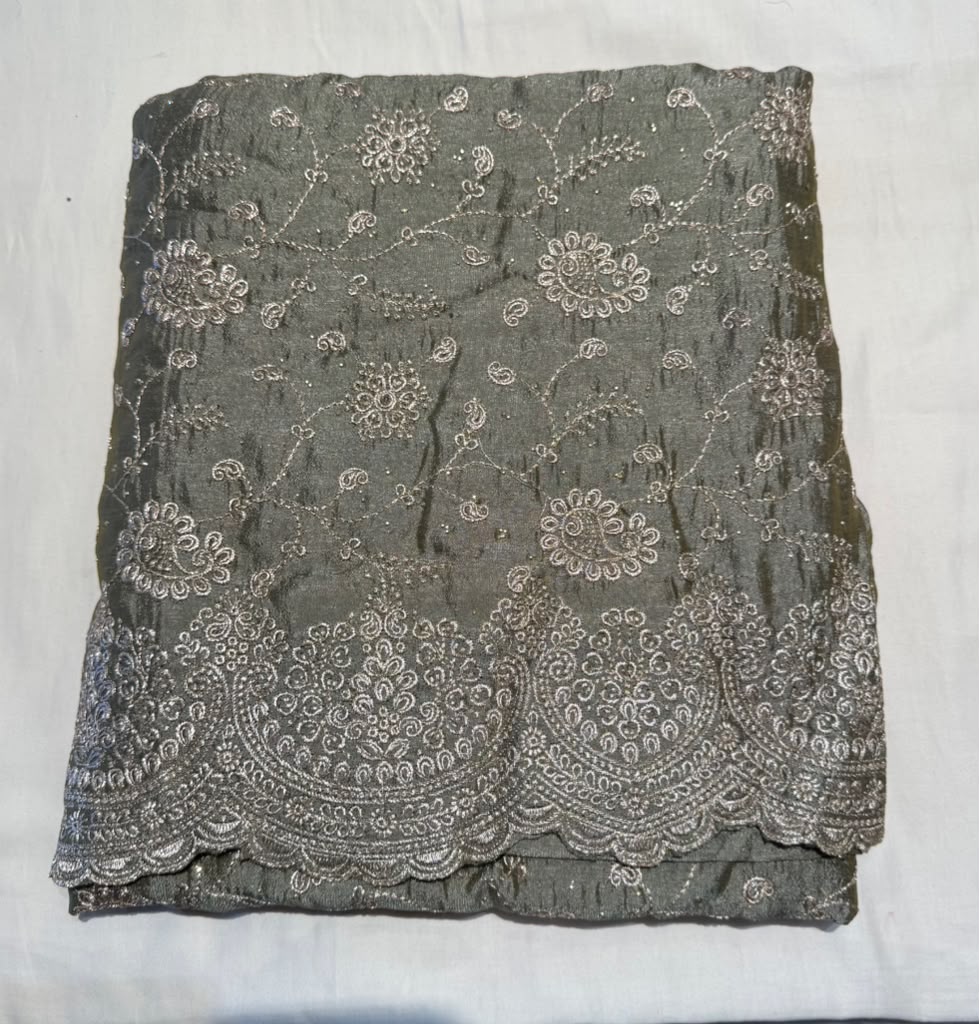 Attractive Gray Color Tissue Silk Fancy Saree With Embroidery Work For Women