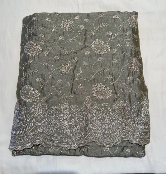 Attractive Gray Color Tissue Silk Fancy Saree With Embroidery Work For Women