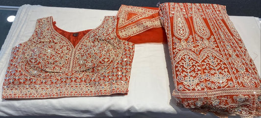Gorgeous Orange And Color Net Fabric With Embroidery Work Lehenga For Women