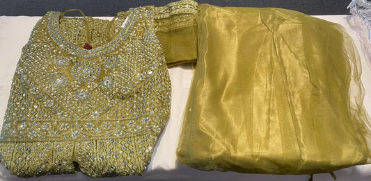 Stunning Mehendi Green Color Net Fabric With Embroidery Work Anarkali Style Lehenga For Women