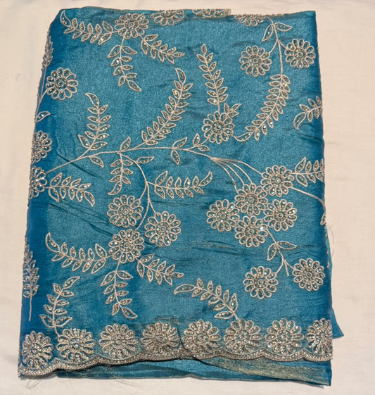 Attractive Sky Blue Color Shimmer Silk Fancy Saree With Embroidery Work For Women