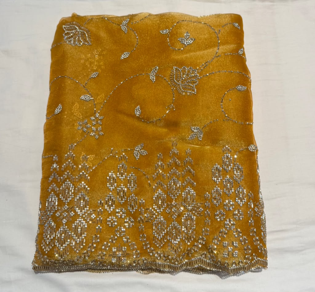 Beautiful Bright Yellow Color Organza Saree With Embroidery Work For Women