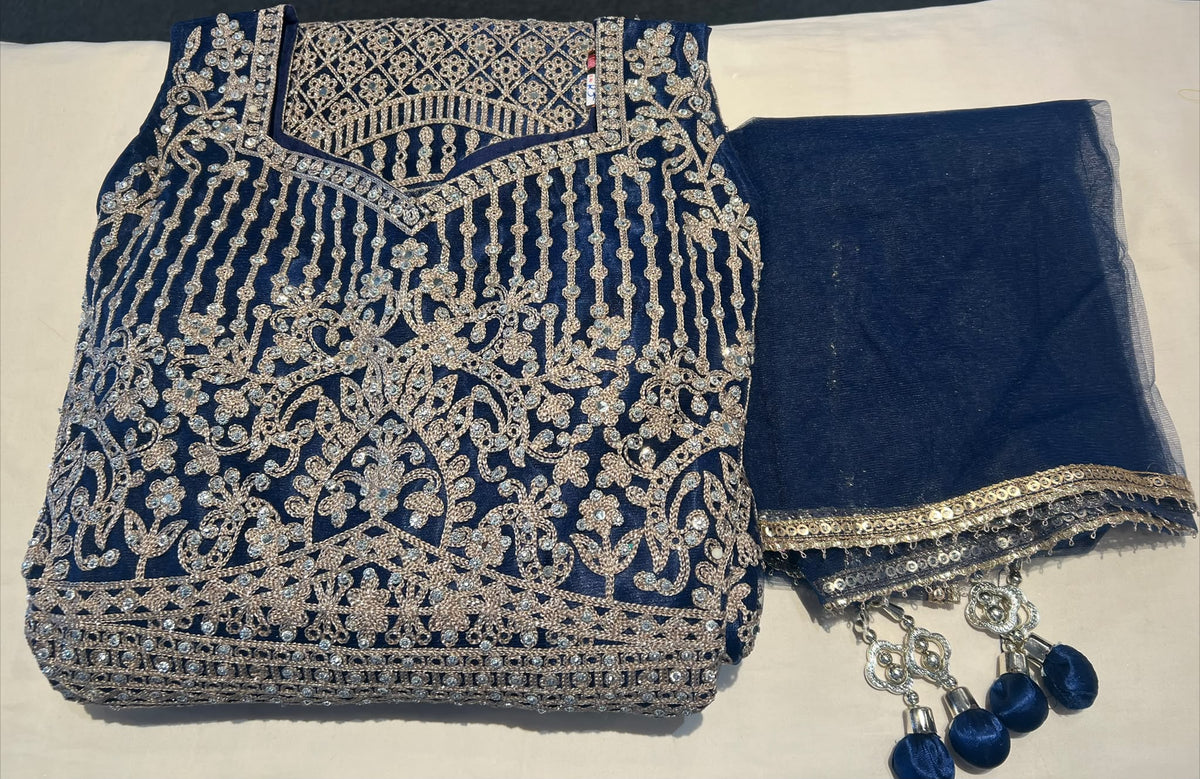 Amazing Navy Blue Color Net With Embroidery And Silver Zari Work Anarkali Gown For Women