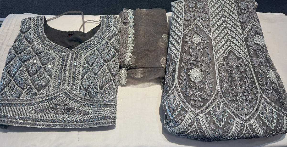 Attractive Greyish Brown Color Net With Embroidery And Silver Zari Work Lehenga For Women