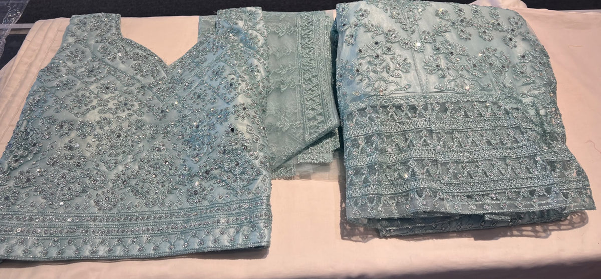 Gorgeous Light Blue Color Net With Embroidery And Sequins Work Lehenga For Women