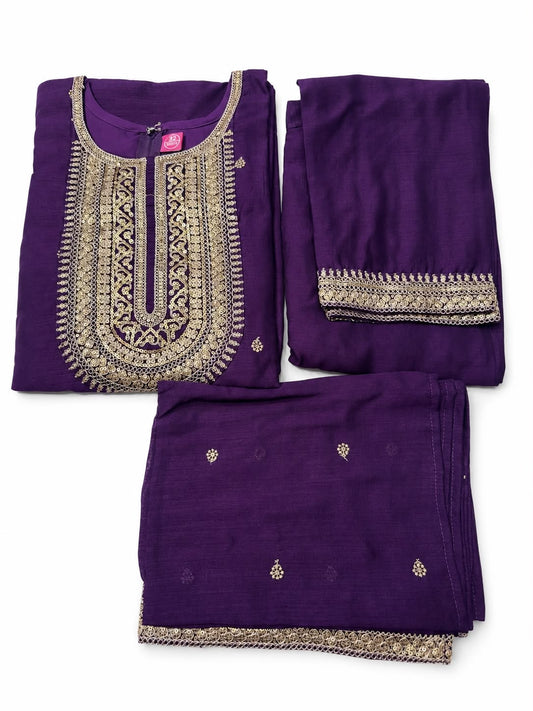 Charming Purple Color Silk Salwar Suit With Embroidery Work For Girls