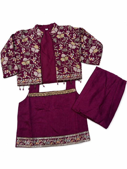 Stunning Magenta Color Floral Embroidered Coat With Palazzo Pant Set For Girls