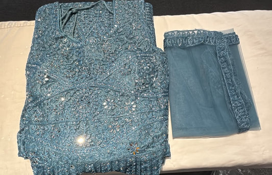 Stunning Teal Blue Color Georgette With Embroidery And Mirror Work Anarkali Gown For Women