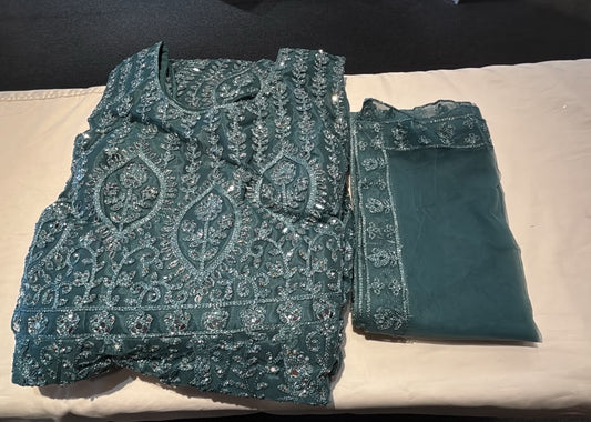 Attractive Teal Green Color Georgette With Embroidery And Mirror Work Anarkali Gown For Women