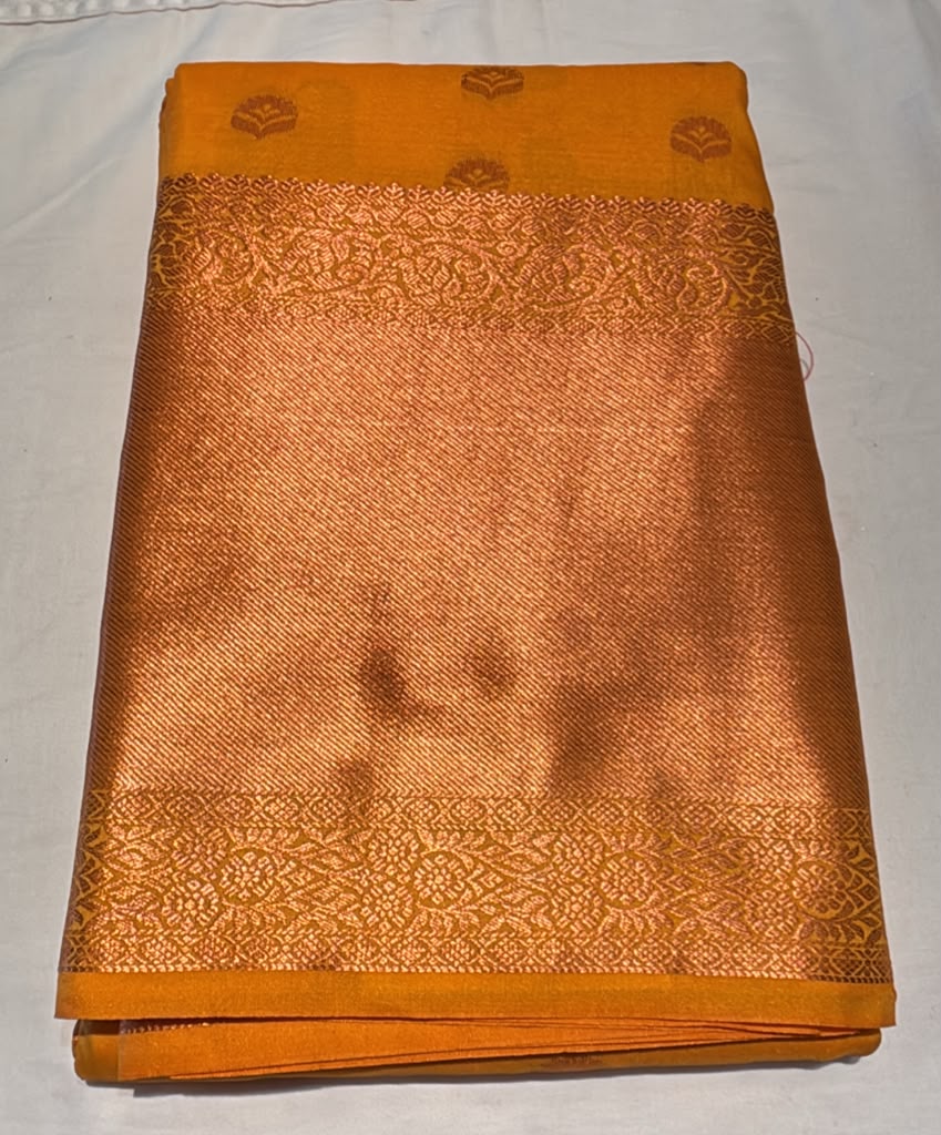 Royal Mustard Yellow Pure Kanchi Silk Saree With Alluring Gold Zari Border, Traditional Butta Design Saree For Women