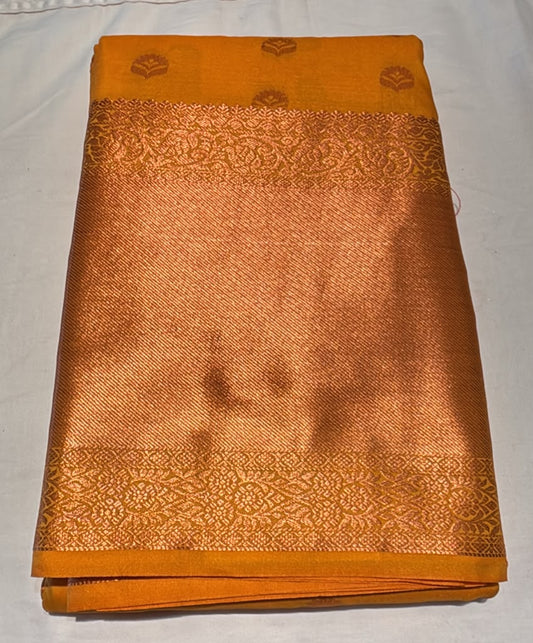 Royal Mustard Yellow Pure Kanchi Silk Saree With Alluring Gold Zari Border, Traditional Butta Design Saree For Women