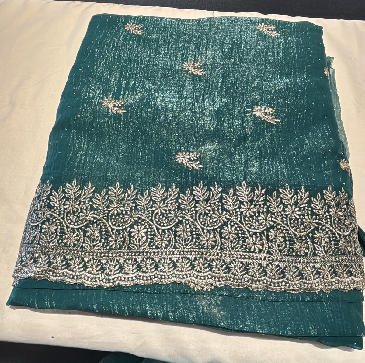 Amazing Teal Blue Color Tissue Silk With Embroidery Work Saree For Women