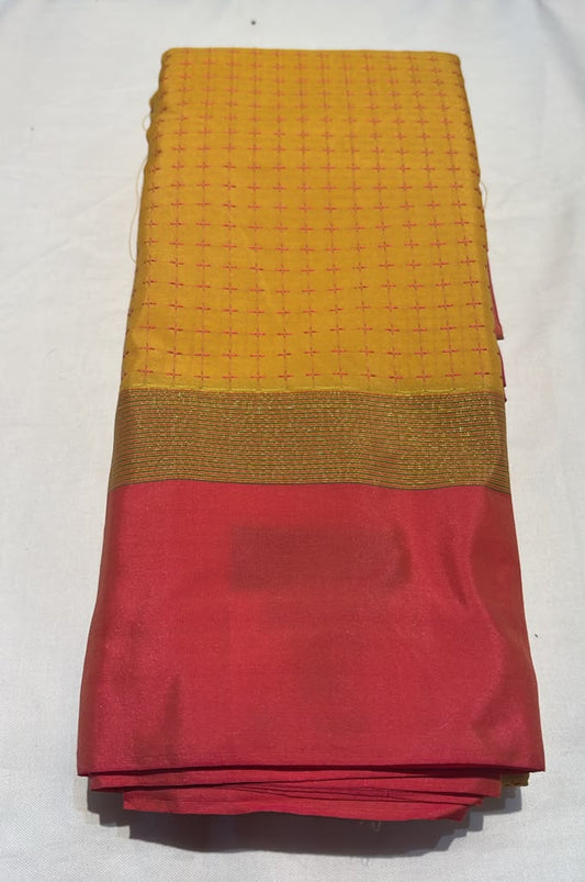Premium Yellow Color Pure Kanchi Silk Saree With Elegant Rose Pink Color Contrast Border And Traditional Gold Zari Work Saree For Women
