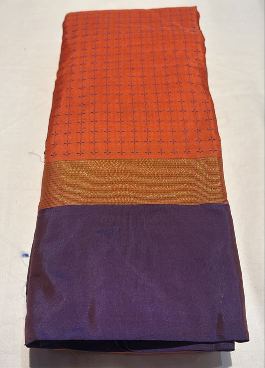 Heritage Pure Kanchi Silk Saree With Orange Color Body With Grand Deep Purple Color Contrast Border Saree For Women