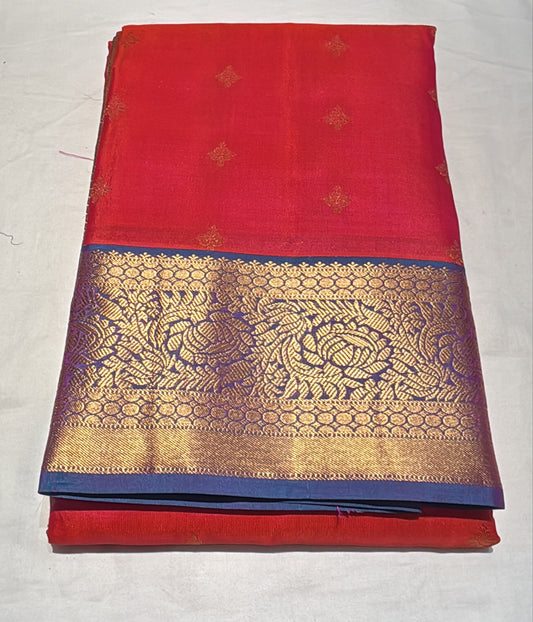 Luxury Pink Color Pure Kanchi Silk With Royal Navy Blue Color Contrast Border And Rich Gold Zari Floral Weaving Saree For Women