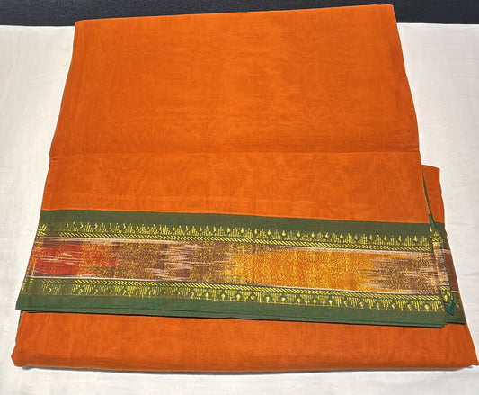 Beautiful Orange Color Kanchi Cotton Saree With Green Color Border With Zari Work Saree For Women