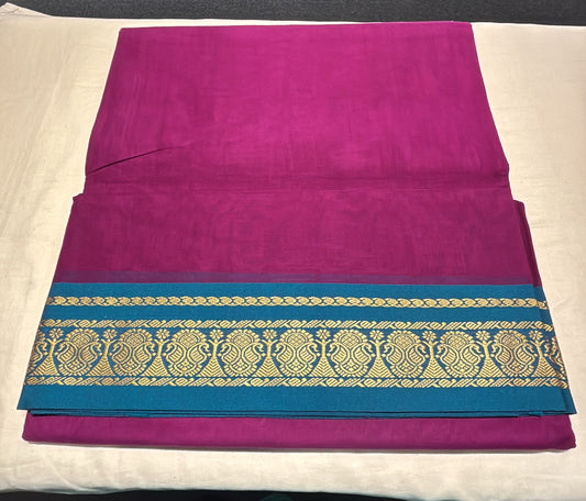 Glorious Purple Color Kanchi Cotton Saree With Blue Color Border With Zari Work Saree For Women