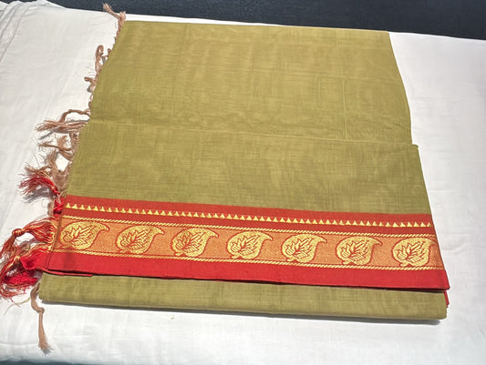 Marvelous Light Green Color Kanchi Cotton Saree With Red Color Border With Zari Work Saree For Women