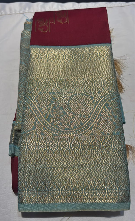 Stunning Maroon Color Pure Kanchi Silk Saree With Aqua Blue Color Traditional Motifs Border And Gold Zari Work For Women