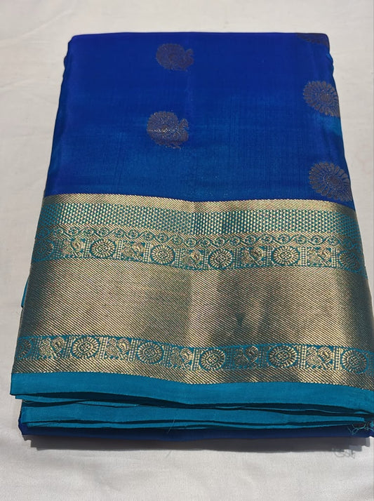 Alluring Blue Color Pure Kanchi Silk Saree With Floral Butta Motifs And Gold Zari Work For Women