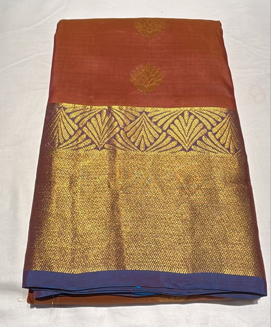 Wonderful Orange Color Pure Kanchi Silk With Leaf Motifs Purple Color Border Golden Zari Work Saree For Women