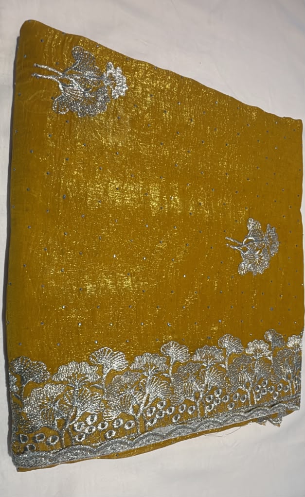 Attractive Yellow Color Tissue Silk Saree With Embroidery And Stone Work For Women