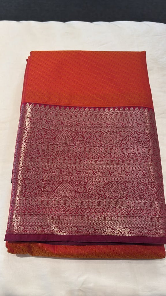 Stunning Orange Color Pure Kanchi Silk With Purple Color Border Golden Zari Work Saree For Women