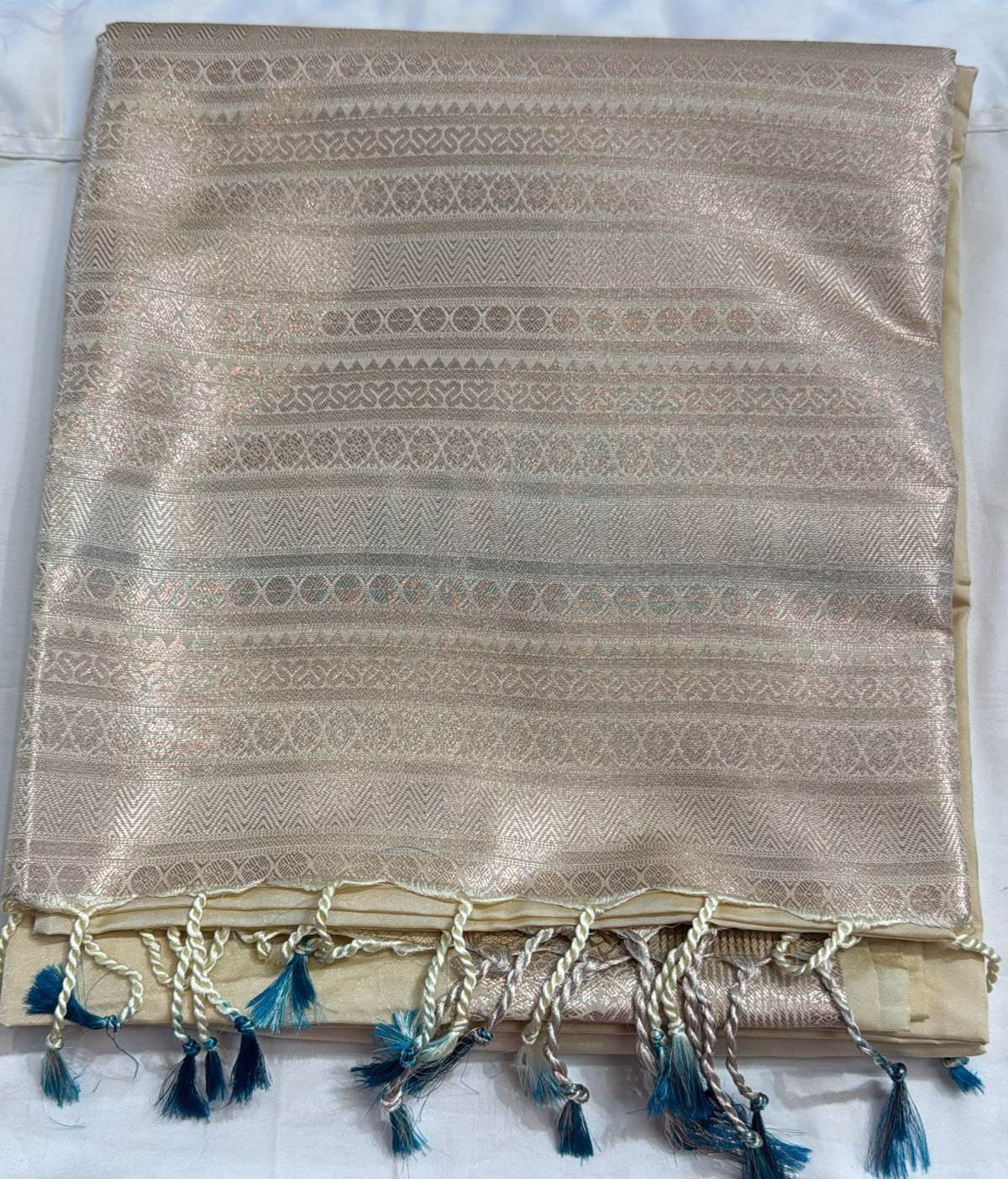Attractive Teal Blue And Ivory Color Art Silk Saree With Gold Zari Work For Women